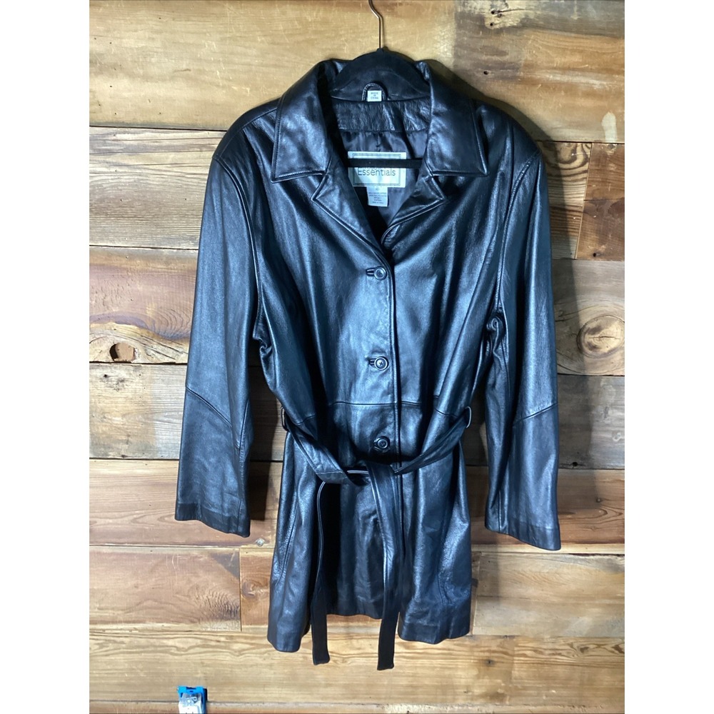 VTG Modern Essentials Leather 70's  Jacket  Xl Black  Belted Trench Coat